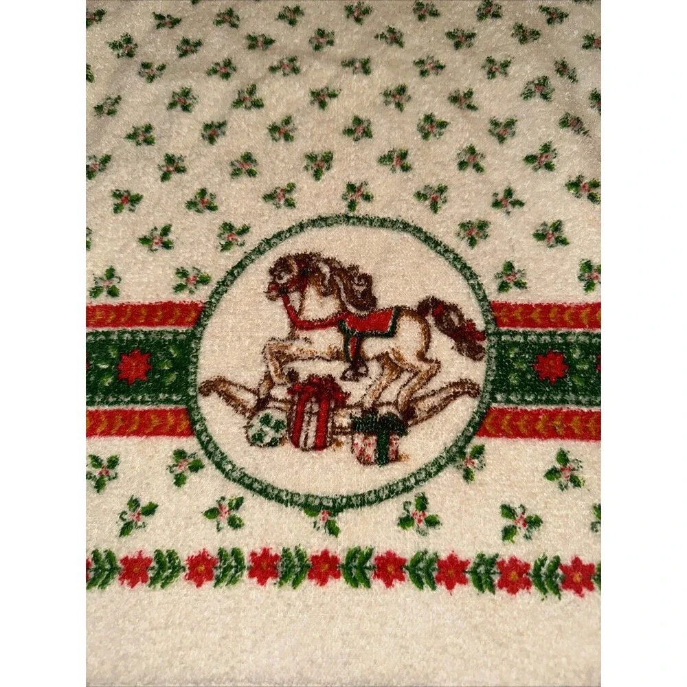 Vtg Christmas Hand Towel Rocking Horse Cotton by B&D Terry Cloth Fringed 70s